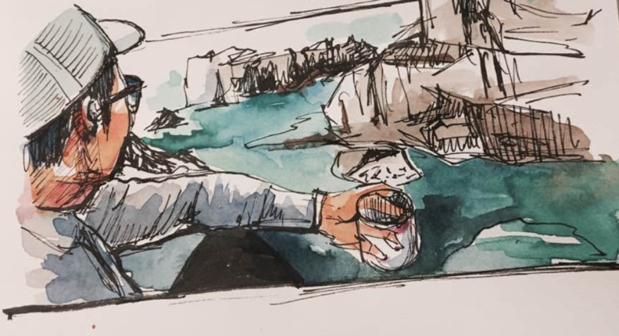 Ink and watercolor sketch of a man with a drink by the water