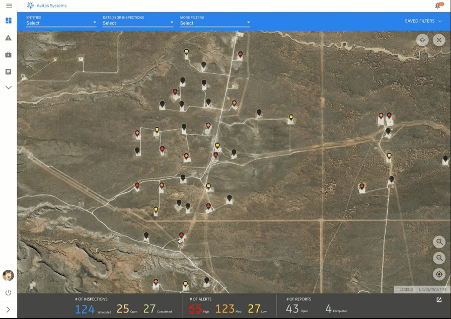 Final Avitas dashboard with map of inspection sites