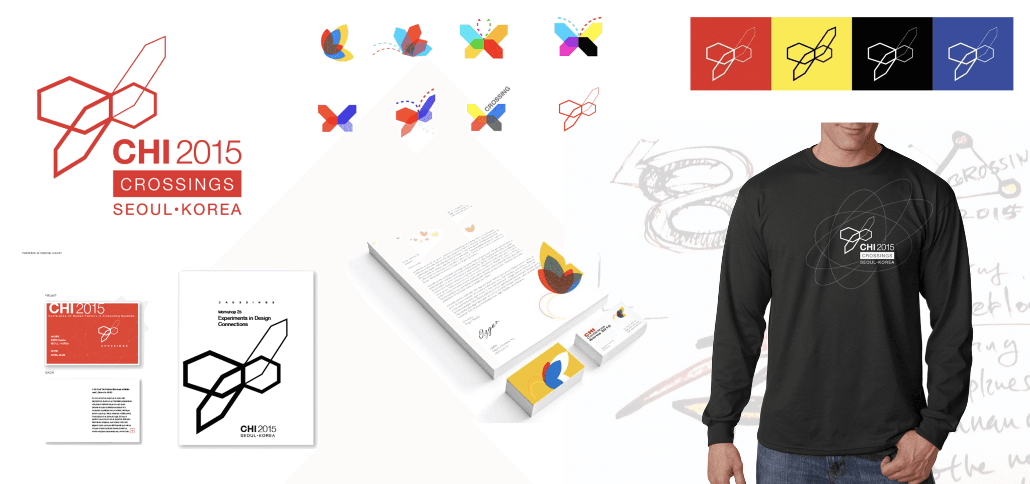 CHI 2015 Crossings brand: logo, butterfly explorations, colour variants, stationery and T-shirt
