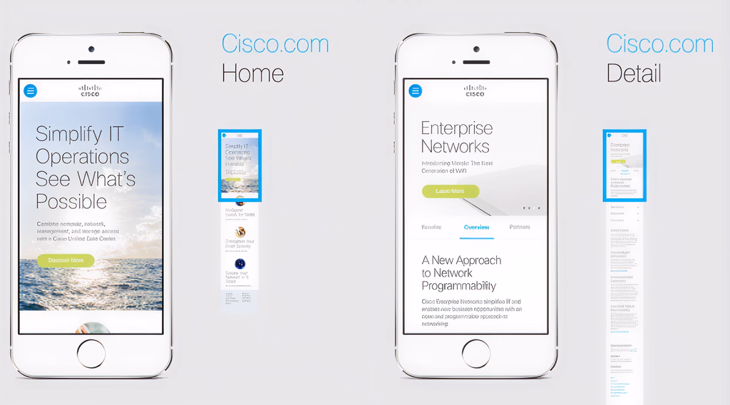 Cisco.com home and detail pages on mobile