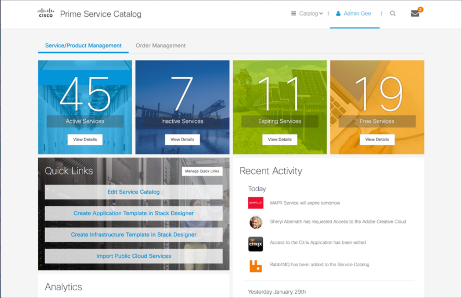 Prime Service Catalog admin dashboard with service counts, quick links, and recent activity