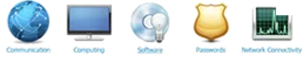 Old glossy icons in mixed styles: Communication, Computing, Software, Passwords, Network Connectivity