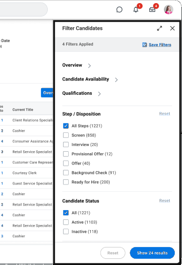 Filter candidates panel with live result count and saved filters